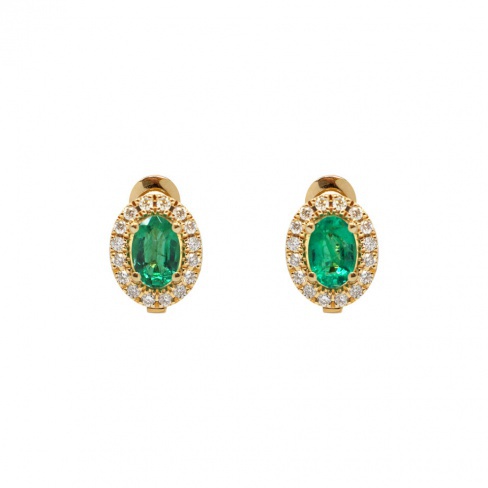 Brincos Moments Ouro Diamantes e Esmeralda Oval