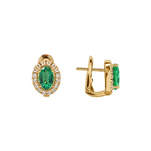 Brincos Moments Ouro Diamantes e Esmeralda Oval